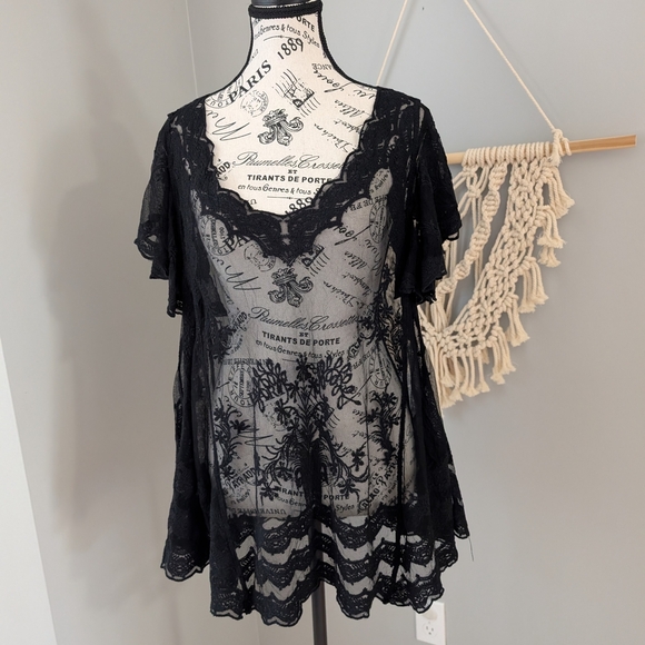None Tops - Black Lace Overlay Top Or Swim Coverup